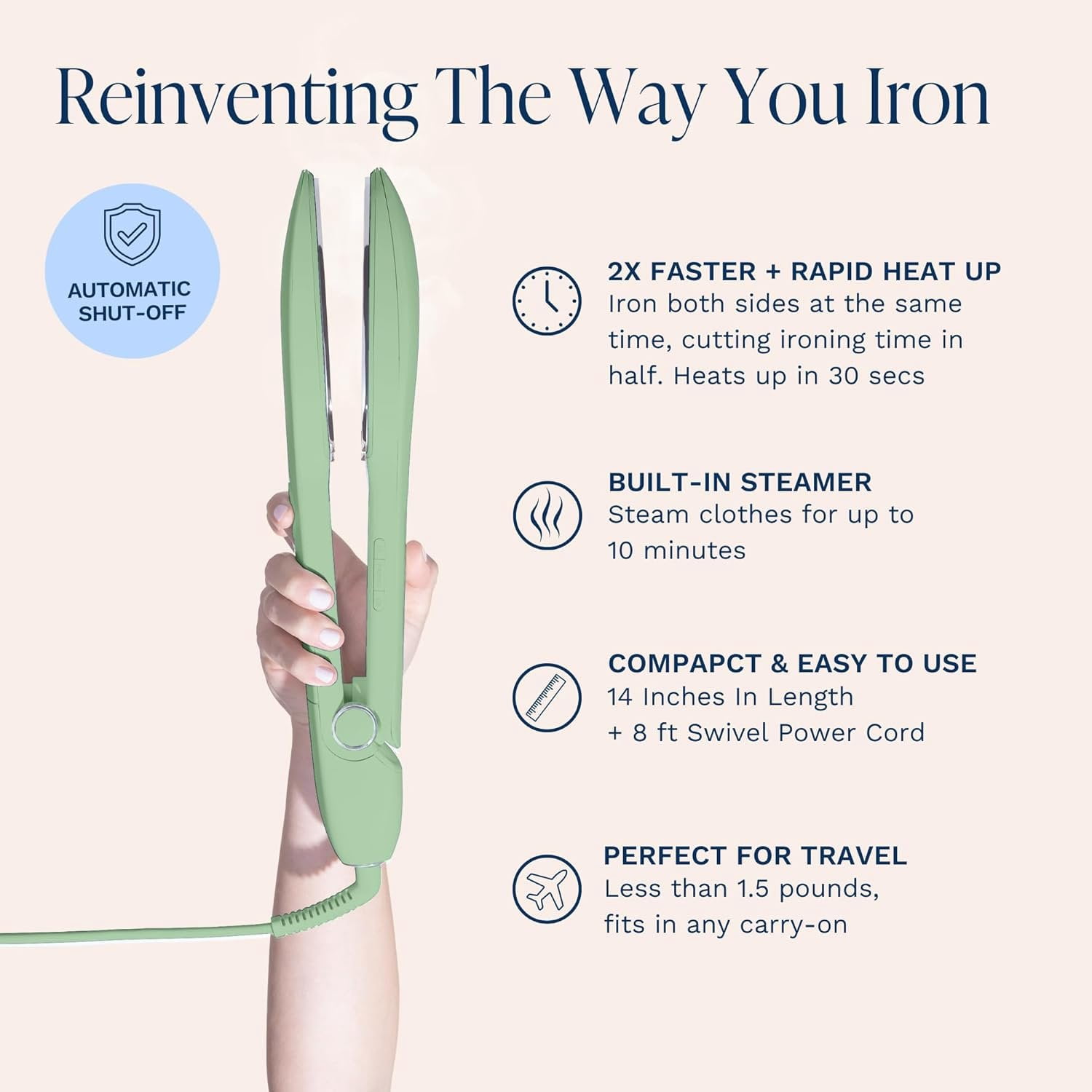 Press Travel Steam Iron - Handheld Iron With Optional Steam Feature - No Ironing Board Required - Easy to Use w/ 6 Fabric Settings - Removes Wrinkles - User Manual Included - Green