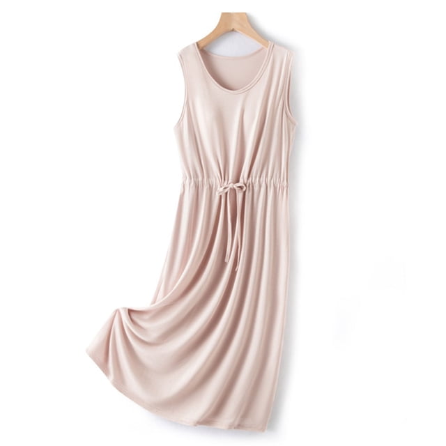 Pyjamas pour Femmes, Robe de Nuit Mi-Longue Sans Manches à Col en V avec Coussin de Poitrine Couleur Unie, Cadeaux pour Femmes, TG