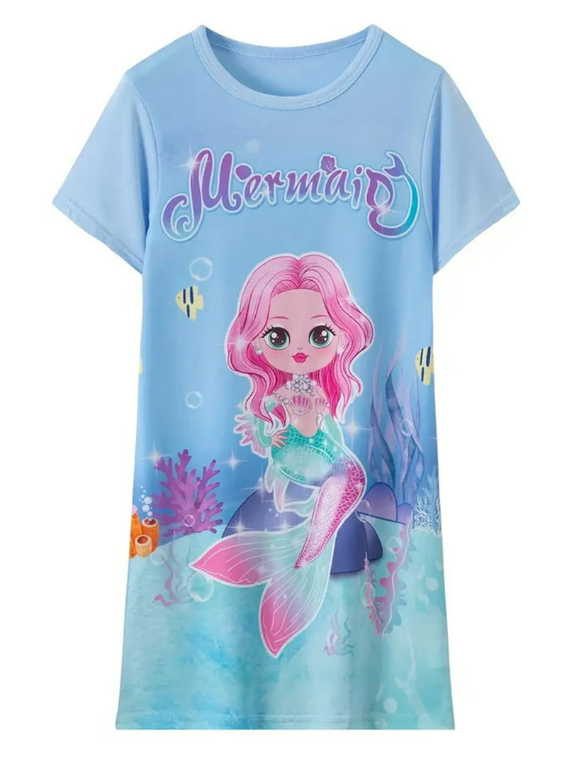 ENFLASH 2-Pack Summer Girls Nightgowns 3-14Y Mermaid Sleepwear