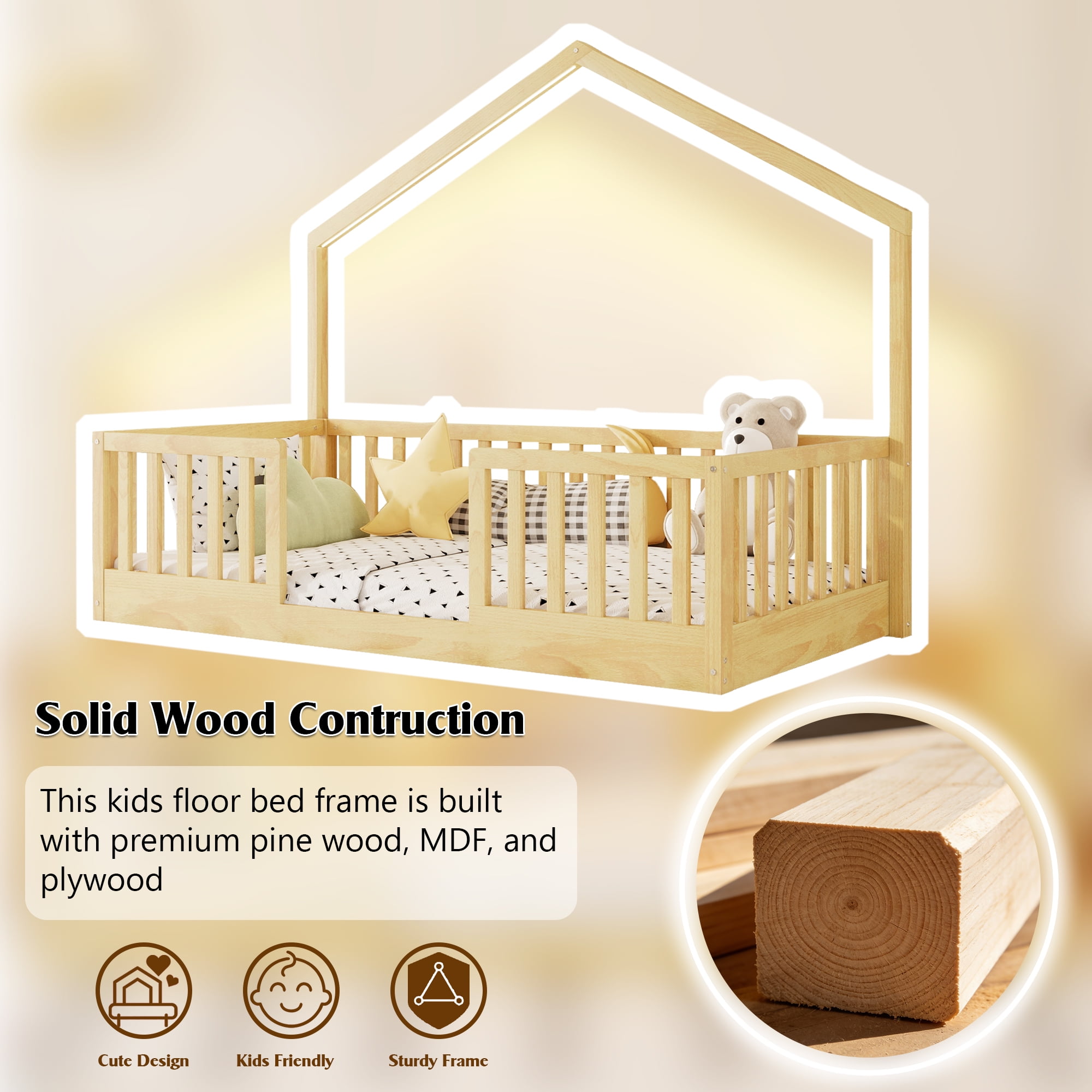 Mirightone Twin Floor Bed Frame with LED Light & High Guardrail, Pine Wood Montessori Bed Twin Size House Floor Bed, Slats Included (Natural)