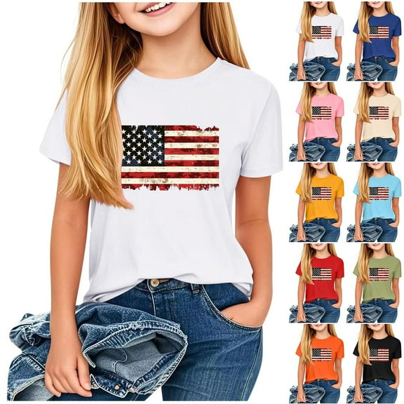 Jinhomg American Flag Shirts for Kids Casual Short Sleeve Crew Neck Tees USA Patriotic Summer Tops Boys Girls 4Th of July Gifts Black 130