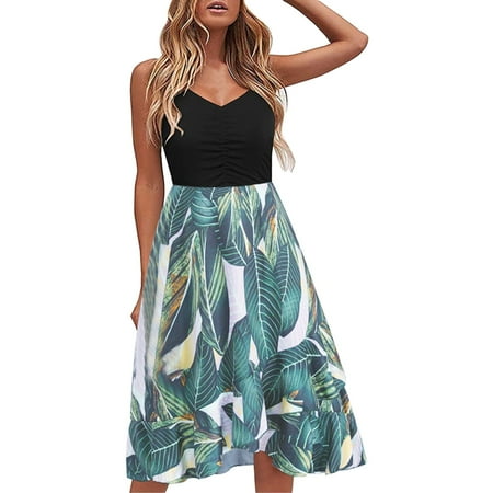 IDALL Summer Dresses Boho Dresses Women Summer Long Dresses Sleeveless V Neck Boho Floral Print Tie Waist High Low Cocktail Maxi Dress Sundresses for Women Beach Dress Corset Dress Green Dress XL