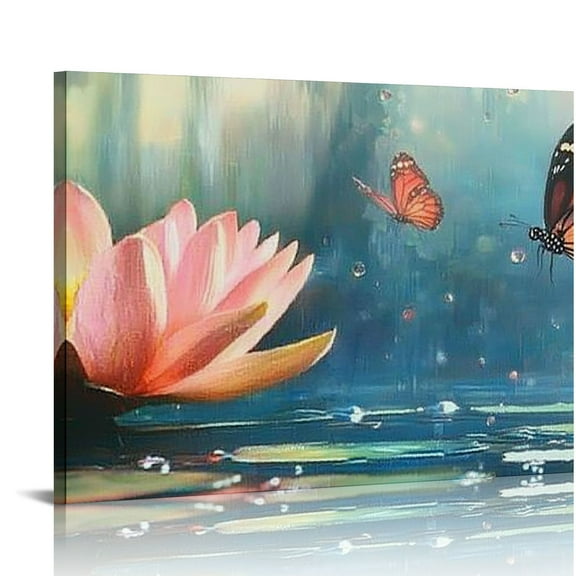 FCXZI Large Lotus Flower Canvas Wall Art Zen Bathroom Decor Indigo Landscape Painting Butterfly Pink Floral Picture, Textured Artwork for Living Room Bedroom Spa Office Home Decor 16x12in
