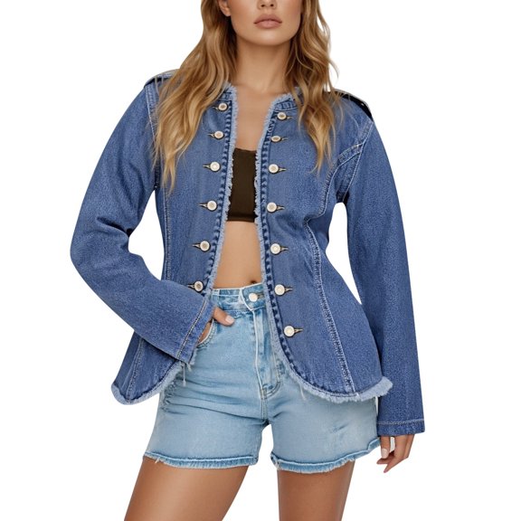 Denim Jacket for Women Burrs Solid Color Lapel Button Down Slim Fit Stretch Casual Classic Outerwear