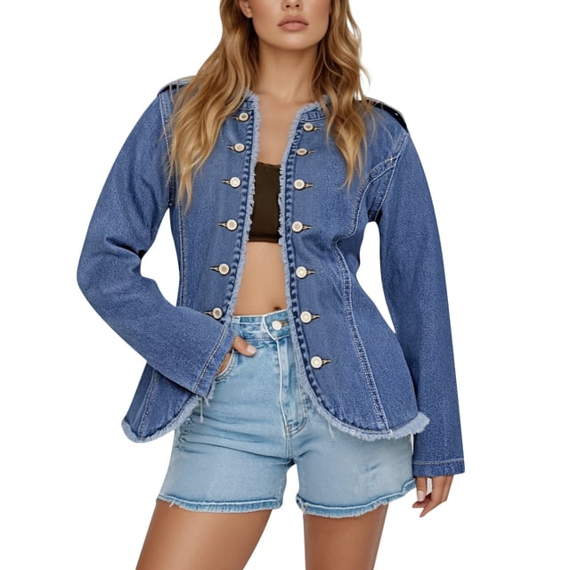 WEIYLL Womens Fall Tops Denim Jacket Stand Collar Slim Fit Stretch Lightweight Versatile Blue Ladies Fall Tops ,M