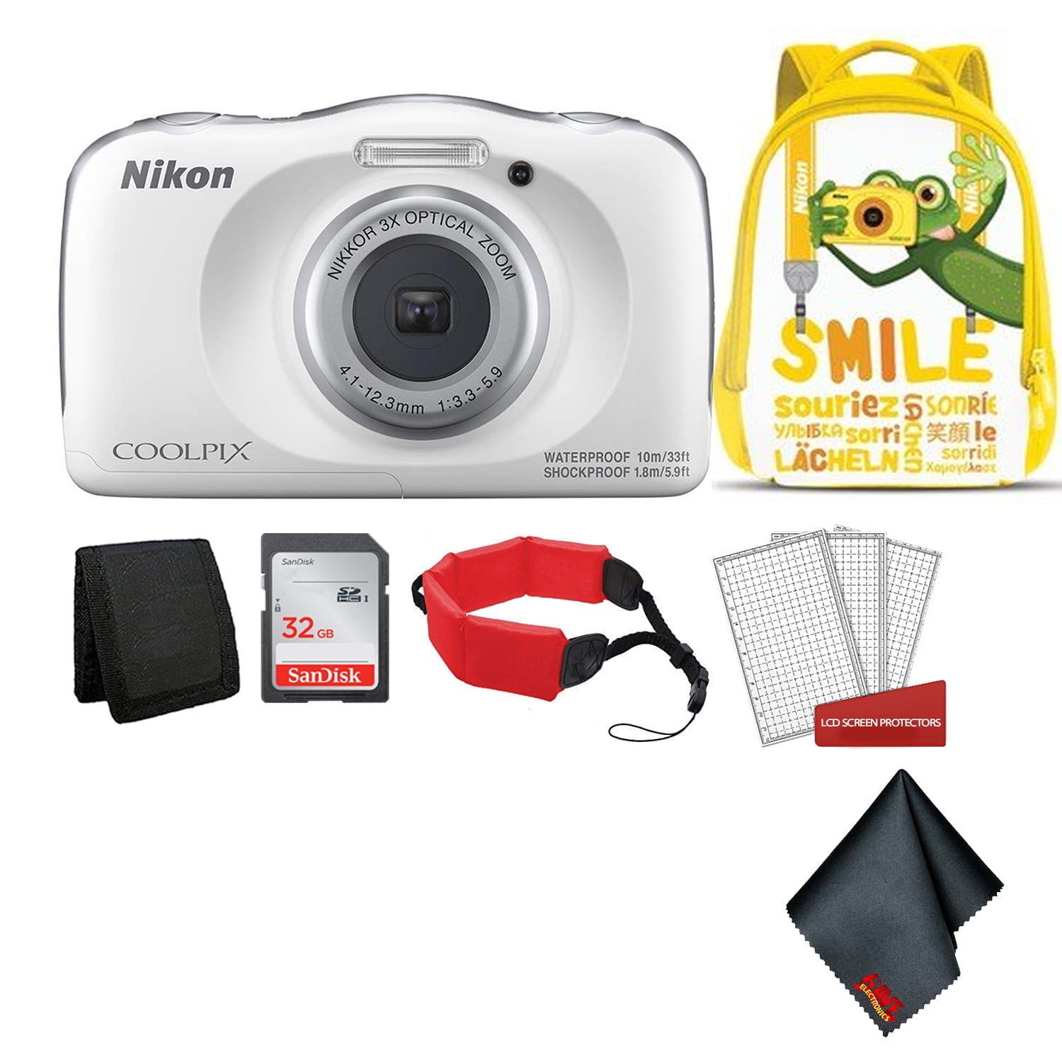 Nikon Coolpix W150 Kid-Friendly Rugged Waterproof Digital Camera (White)  Bundle with Yellow Backpack + 32GB SanDisk Memory Card + More (Intl Model)