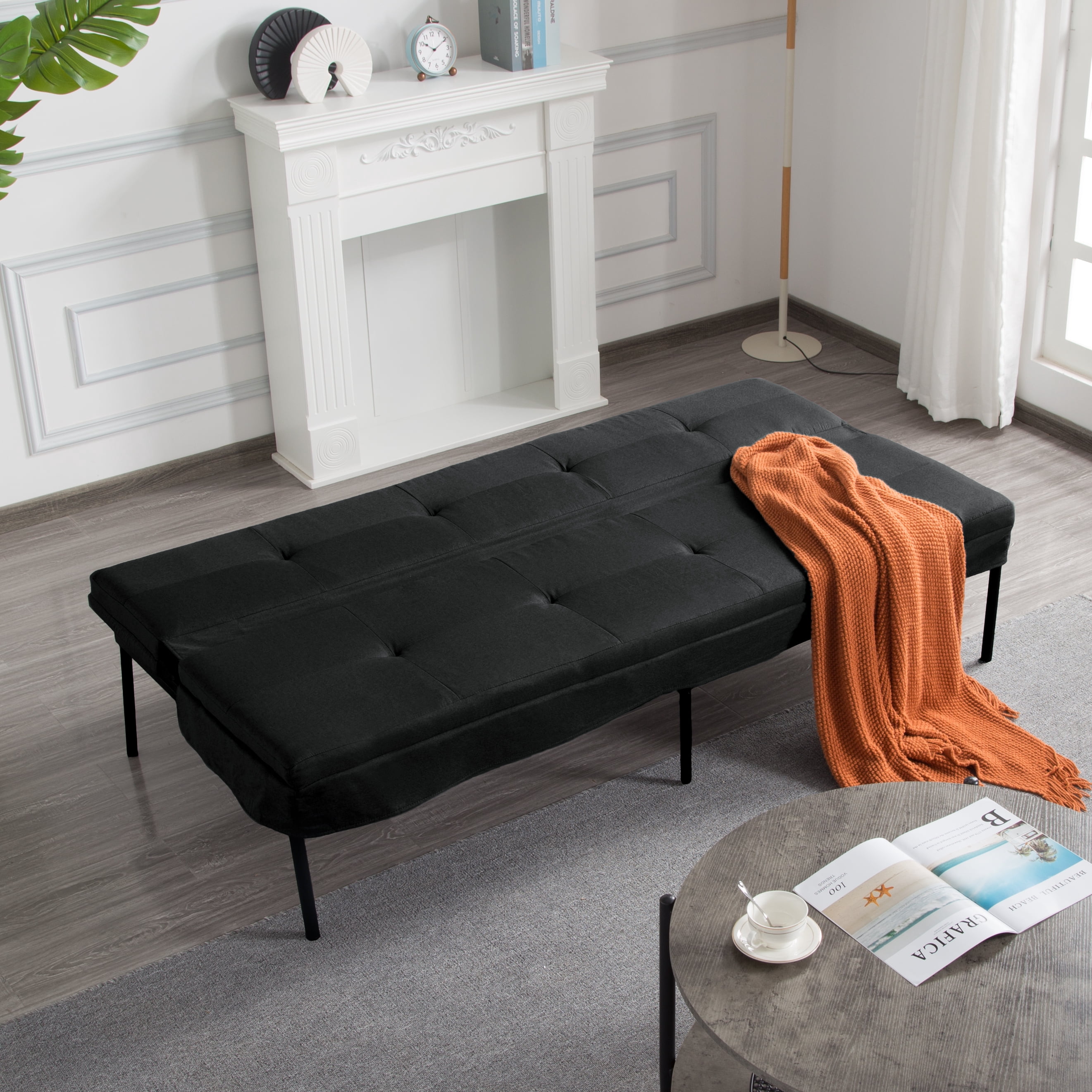 BSHTI 69.88" Futon Sofa Bed with 5 Adjustable Positions – Polyester Fabric Convertible Sleeper Couch with Iron Frame, Clean-Lined Modern Design for Living Room, Apartment, Office, Dormitory, Black