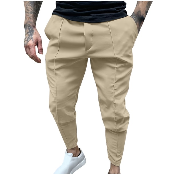 Pantalones largos para hombre, elásticos, de color liso, con cremallera, múltiples bolsillos, cintura elástica, cordón ajustable, de poliéster.