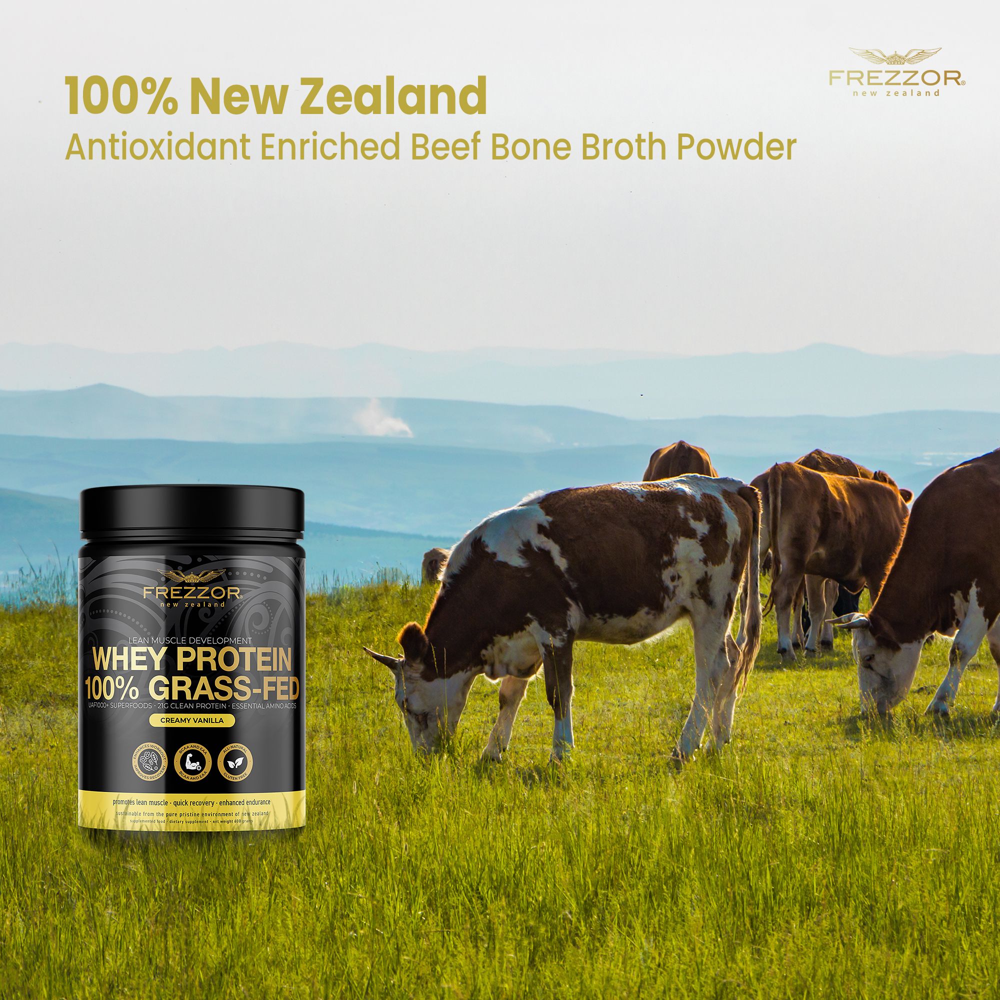 FREZZOR New Zealand 100% Grass-Fed Whey Protein Powder, Vanilla, Keto Friendly, No Added Sugar, No Preservatives