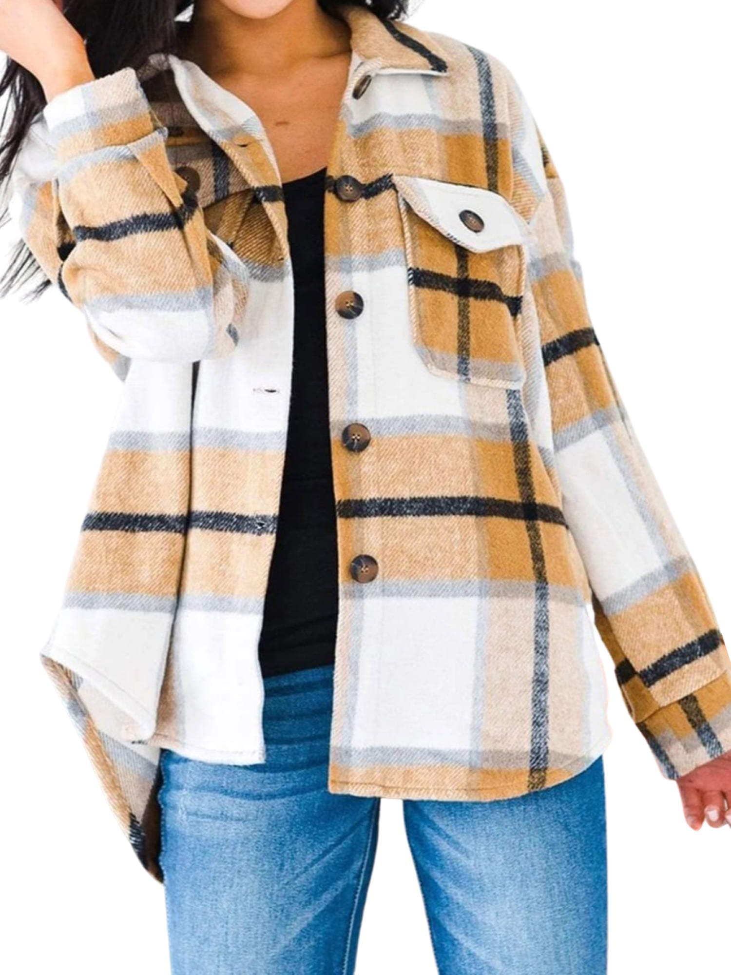 Dewadbow Women's Oversized Plaid Long Sleeve Lapel Casual Shacket