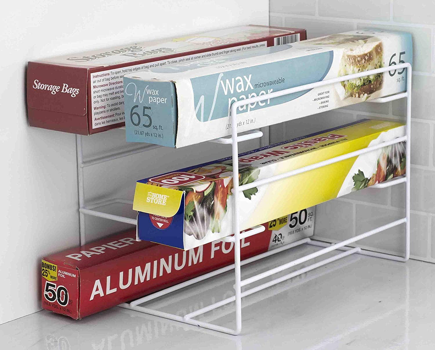 Kitchen Wrap Organizer Rack, White, Sunbeam 6.5 x 10.25”X 7.25 white