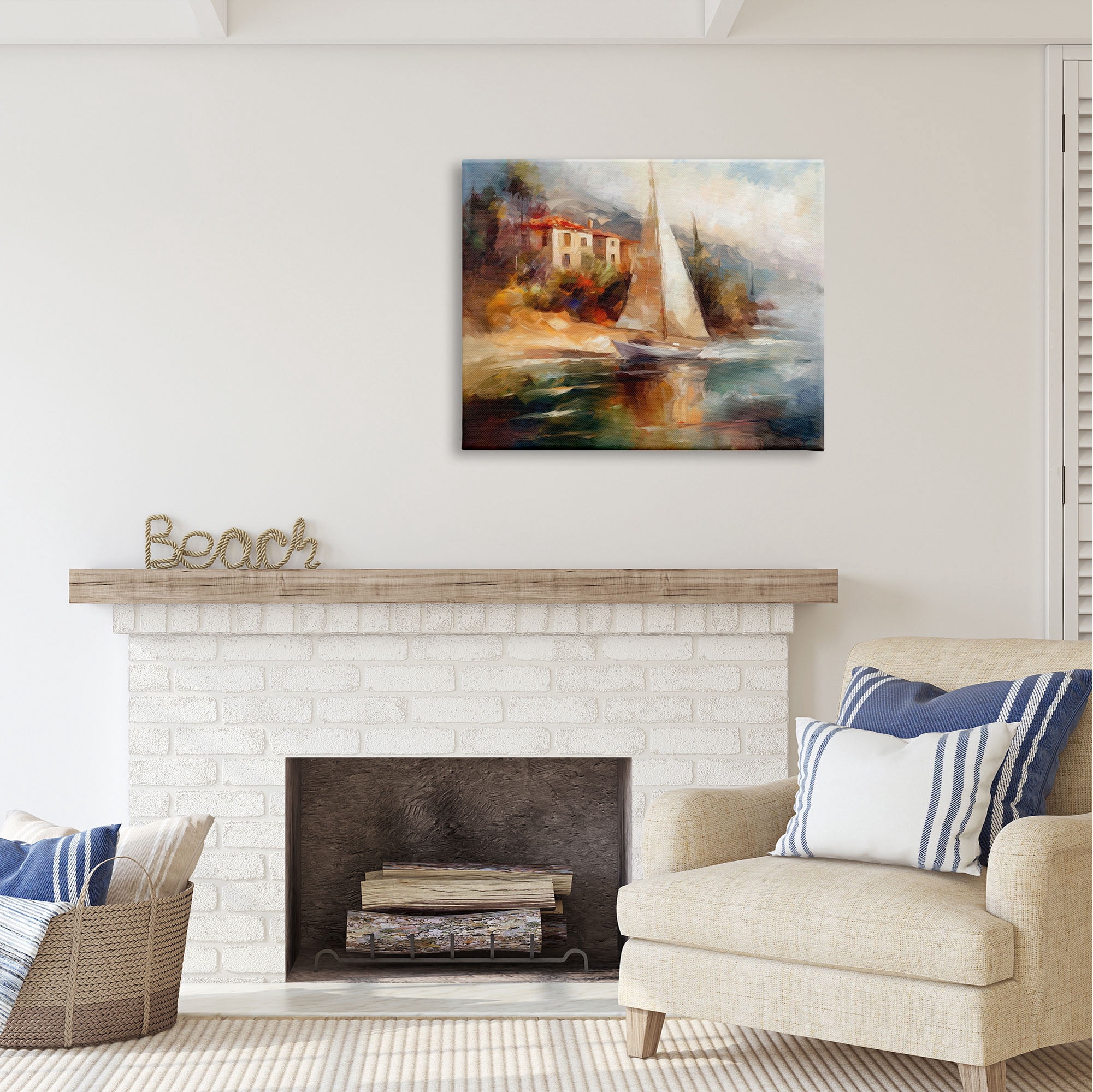 Stupell Industries Sailboat by Town Shore Transportation Painting Gallery Wrapped Canvas Print Wall Art, 40 x 30