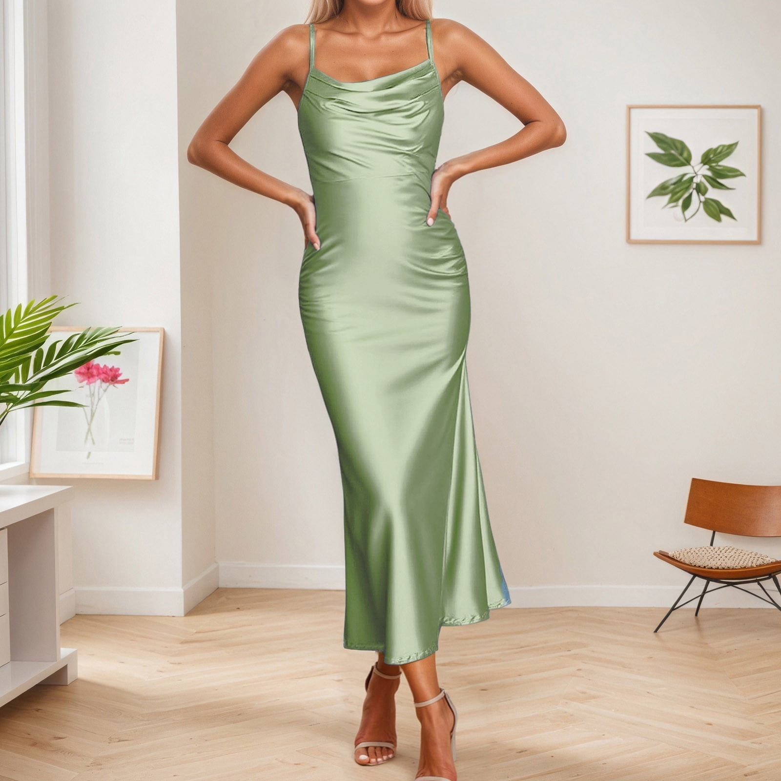 JGGSPWM Satin Spaghetti Strap Cowl Neck Backless Midi Dresses for Women  Elegant Tie Low Back Ruched Cocktail Dress Green XL - Walmart.com