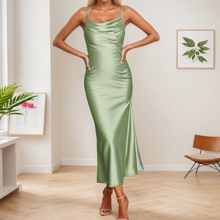 Ovbmpzd Summer Dresses for Women 2026 Vacation Green Satin Sleep Maxi Sleeveless Dress Dresses Party Dress for Women L, Women's, Size: Large