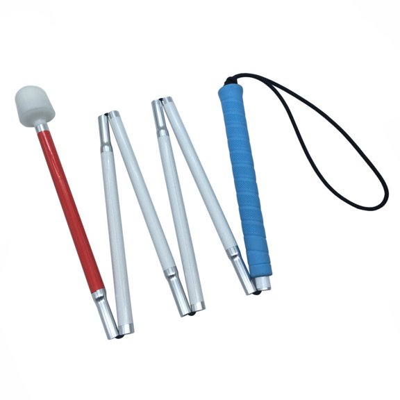 Bastón plegable de aluminio blanco para personas ciegas y con discapacidad visual (6 secciones plegables) (155 cm (61 pulgadas), mango azul)