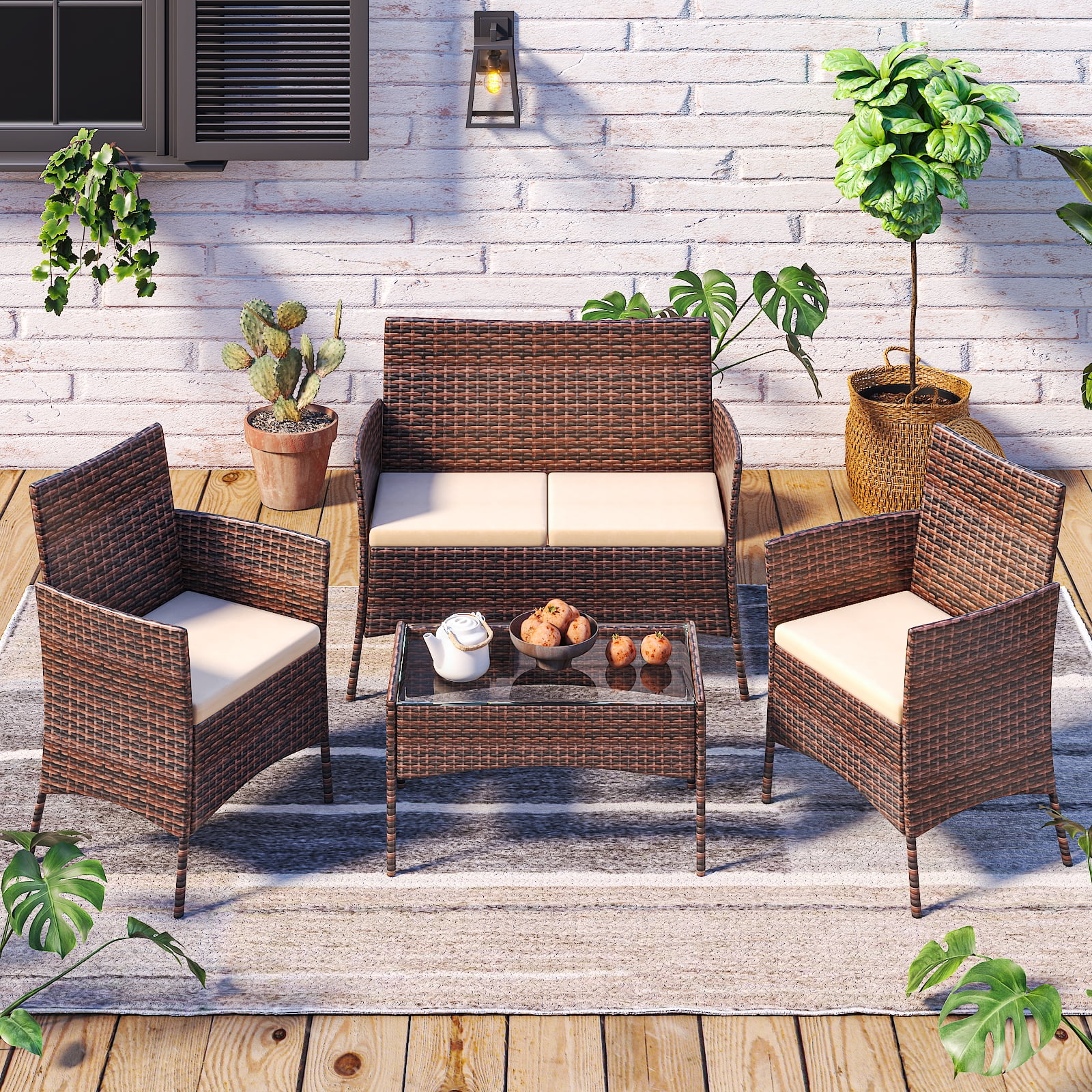 Zimtown 4-Piece Outdoor Wicker Conversation Set, Rattan Sofa Furniture for Garden Patio, Rattan Furniture for Outdoor and Indoor, Brown