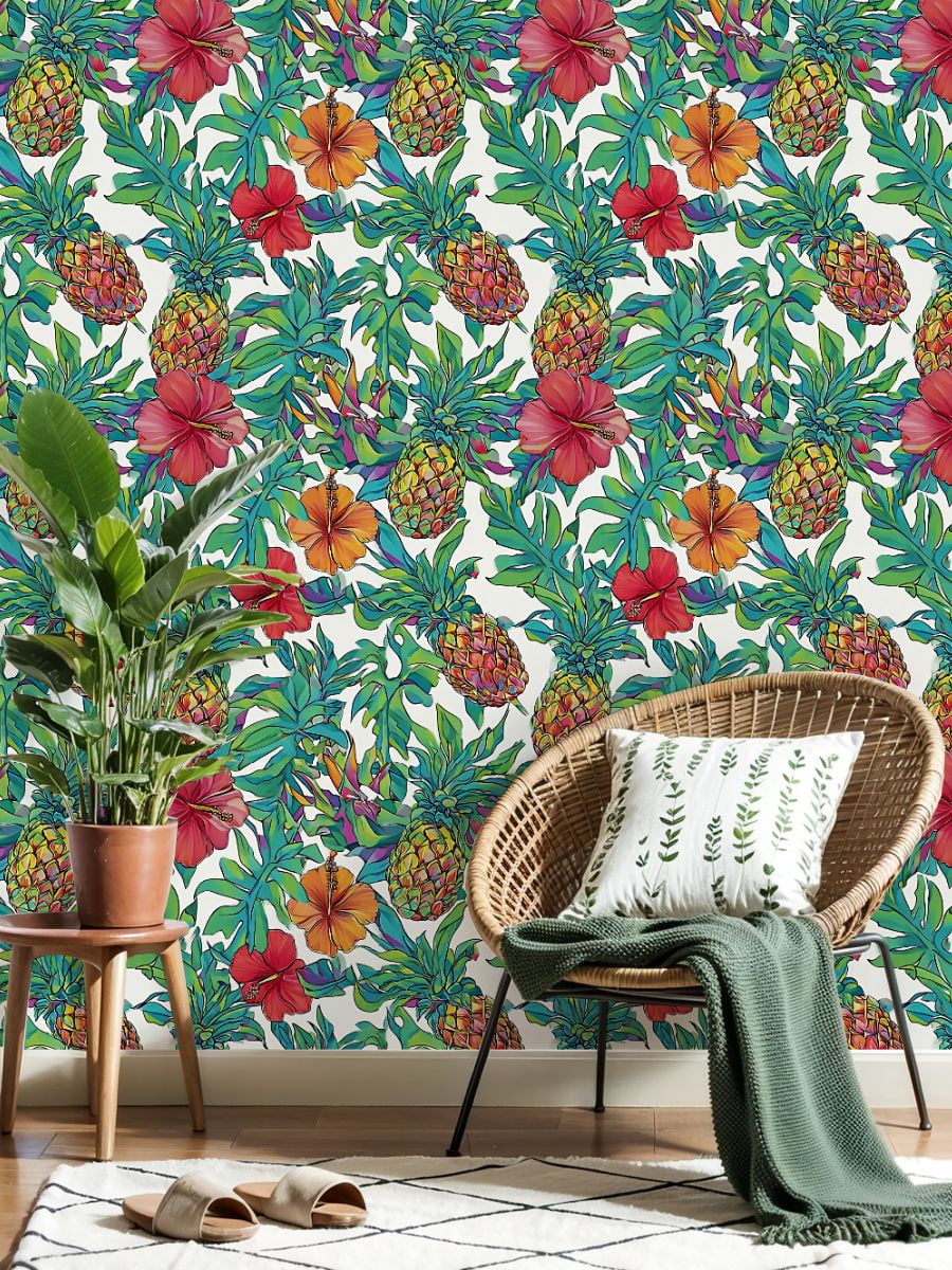 Peel and Stick Wallpaper Colorful Tropical Pineapple Hibiscus Floral Wall Mural 17.7in x 9.8ft Self Adhesive Removable Wall Paper Renter Friendly Wallpaper for Nursery Bedroom Cabinets