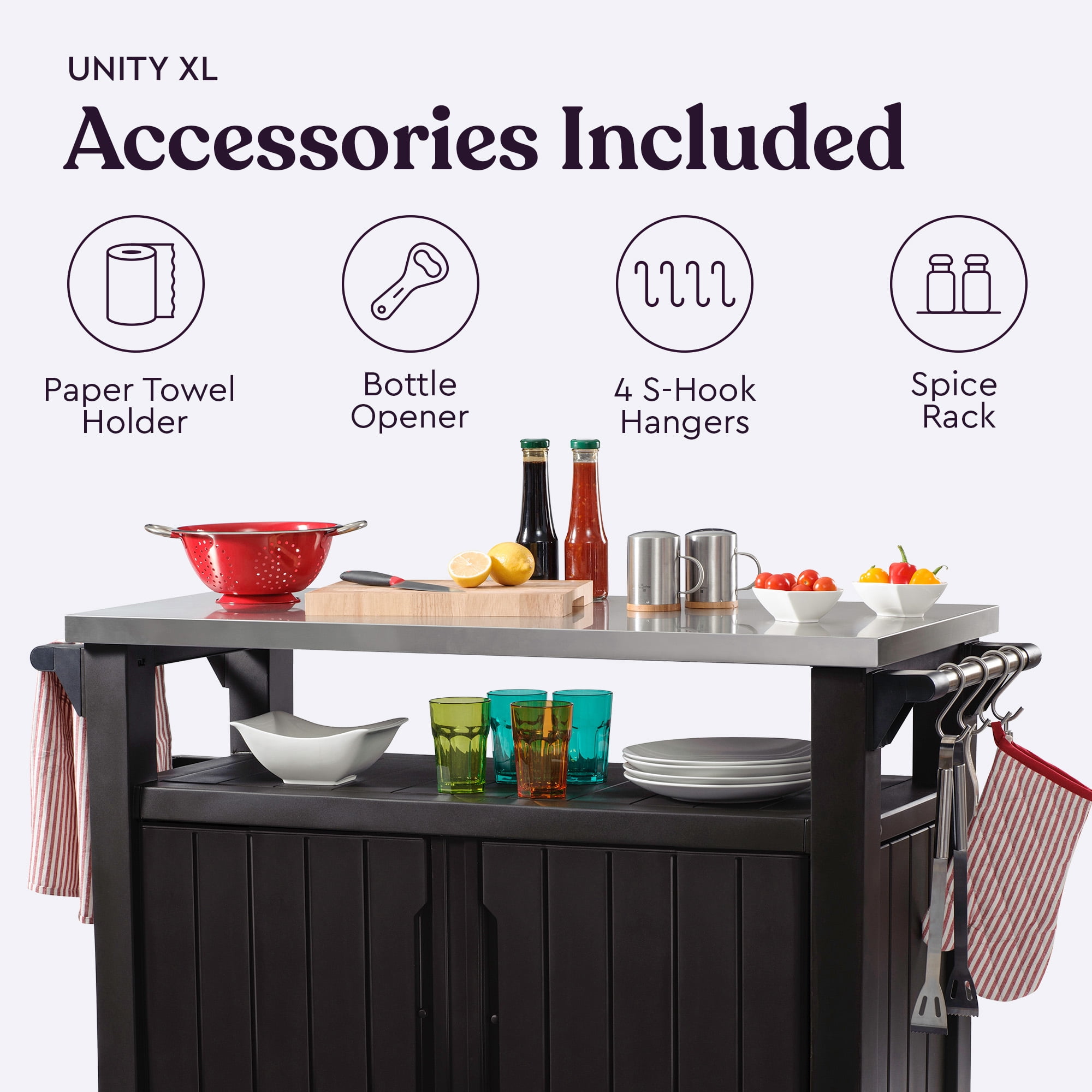 Keter Unity XL Outdoor Durable Kitchen Rolling Bar Cart with Storage Cabinet, Brown