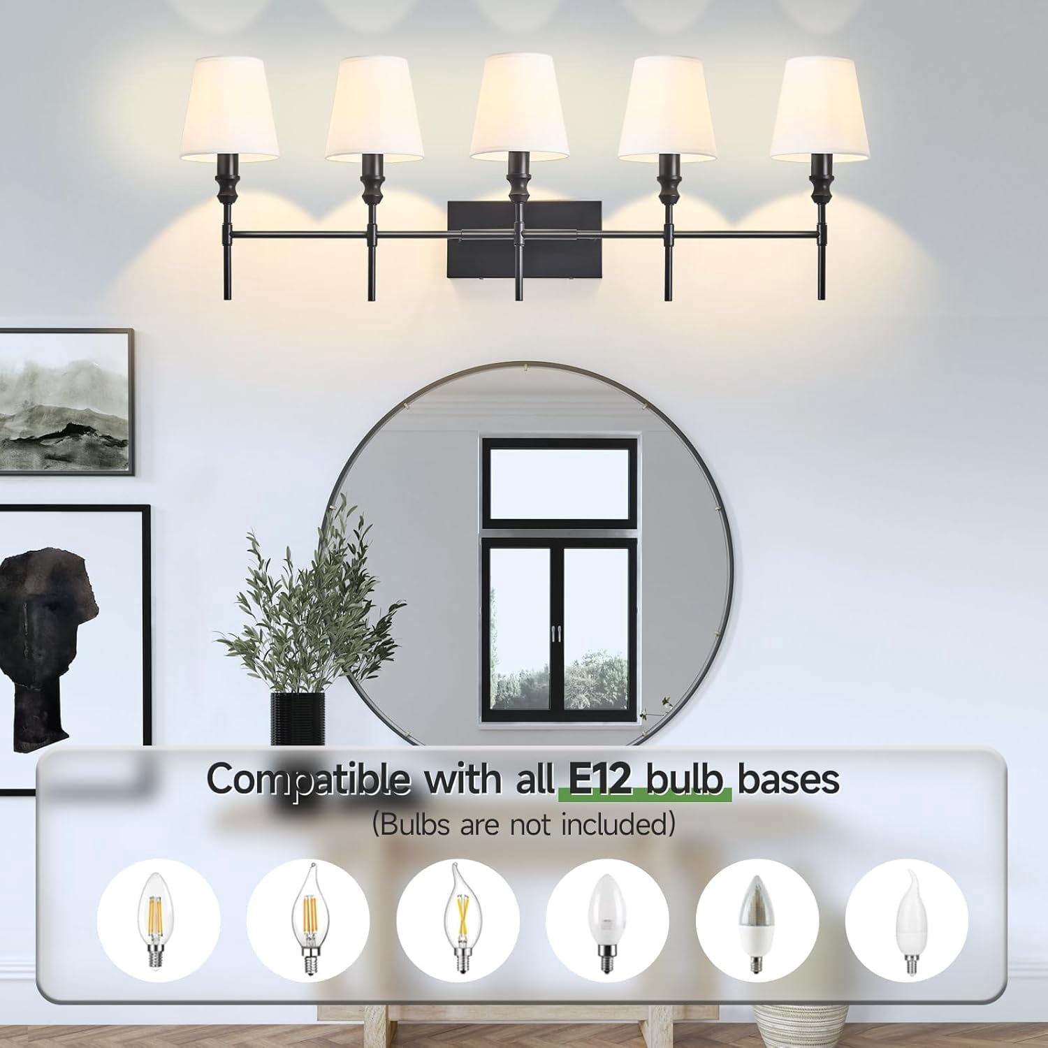 5-Light Vanity Lights for Bathroom,41 in Vintage Black Bathroom Vanity Light Fixtures,with Flared White Fabric Lampshade for Bedroom,Living Room,Foyer,Hardwired,E12 Base