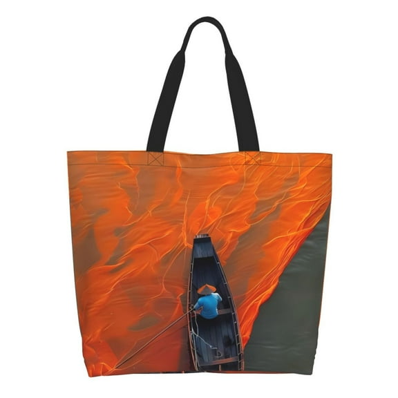 Easygdp Orange Net Fishing Boat Tote Bags for Women,Women Travel Shoulder Bags Handbags，Big Capacity Shopping Work Bag