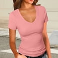 thumbnail image 2 of YUGYXL Women's Short Sleeves Ribbed Fitted Shirt Basic V Neck Slim T Shirt Tops Ladies Tunics Comfy Tees Pink XL, 2 of 6