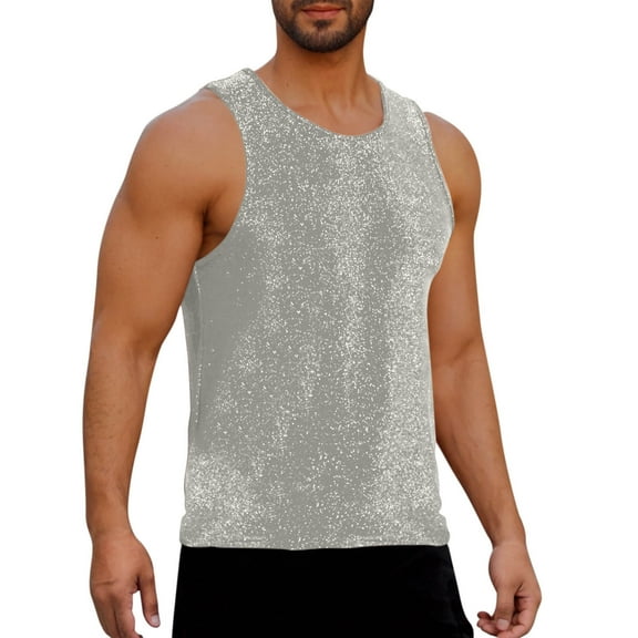 Mens Sparkly Tank Tops, Sleeveless Shirts for Men Summer Fashion Loose Fit Shiny Solid Color Crewneck Workout Tees