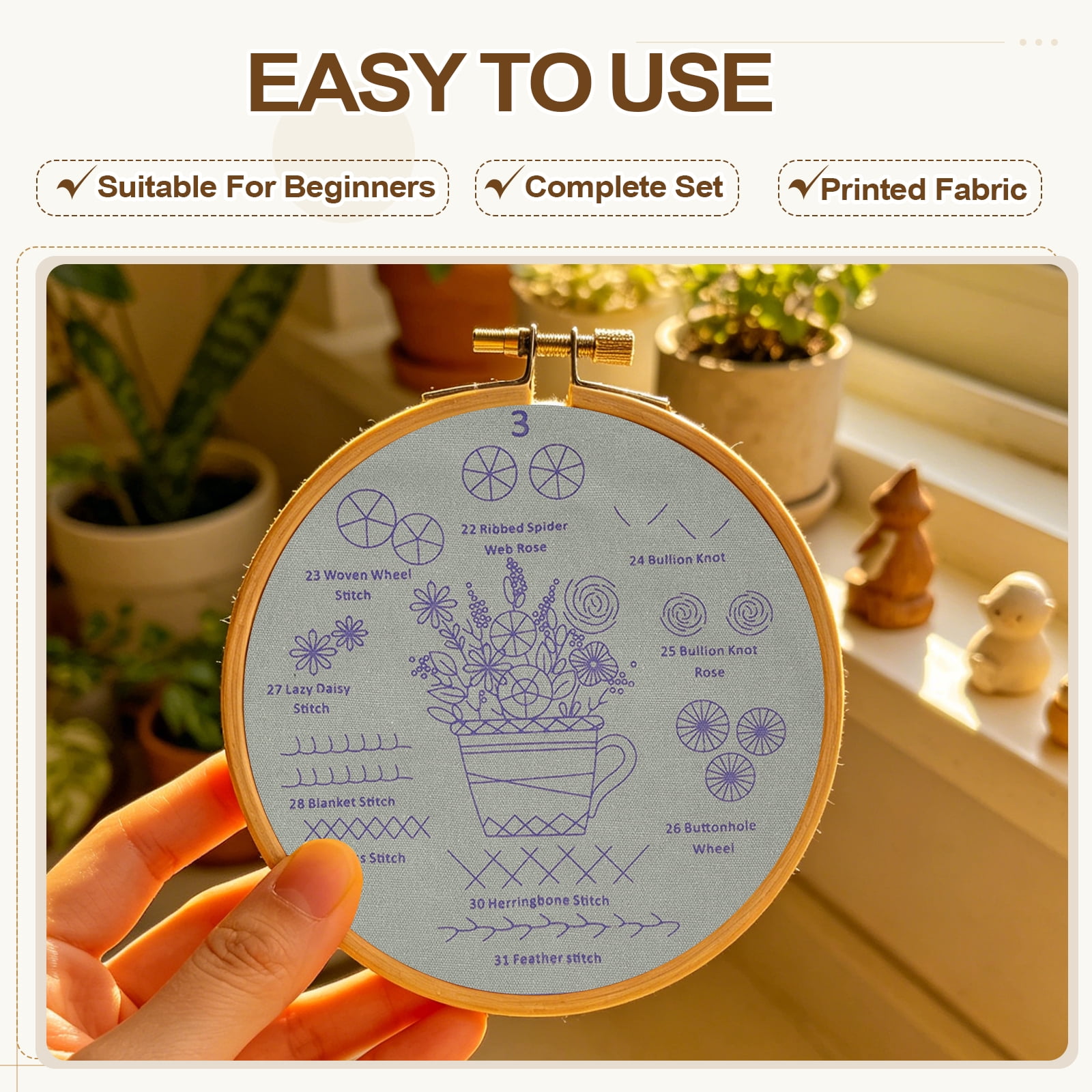 3 Pack Embroidery Kit for Beginners, Cross Stitch Kits with Stamped Practice Flowers Patterns with 20cm Hoop & Colorful Threads for Adults DIY Sewing Supplies