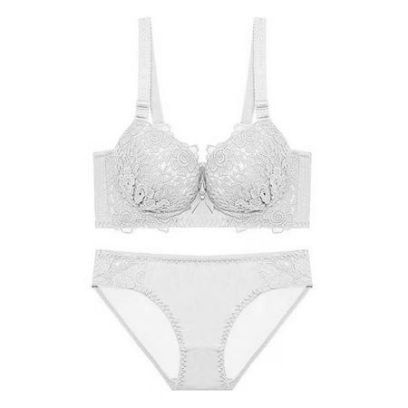 

HEVIRGO 2 Pcs/Set Women Bra Panties Set Padded Flower Embroidery Lace Solid Color with Wire Support Breast Thicken Gather Bra Briefs Suit for Daily Wear
