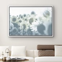 PixonSign Framed Canvas Print Wall Art Bokeh Sunflower Field Nature Plants Photography Realism Modern Scenic Relax/Calm Blue Cool for Living Room, Bedroom, Office - 24"x36" White