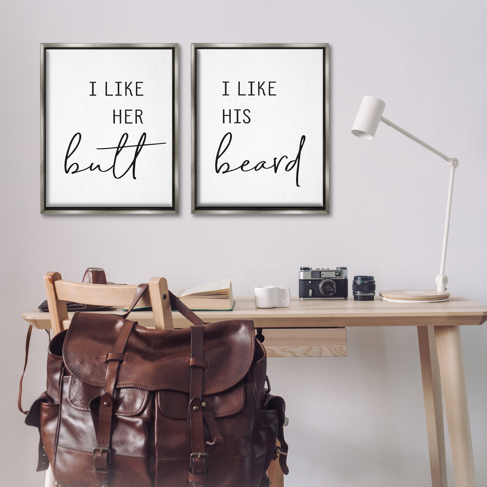 Stupell Industries Her Butt His Beard Funny Romantic Typography Painting Gray Floater Framed Canvas Art Print Wall Art, 25 x 31, Set of 2