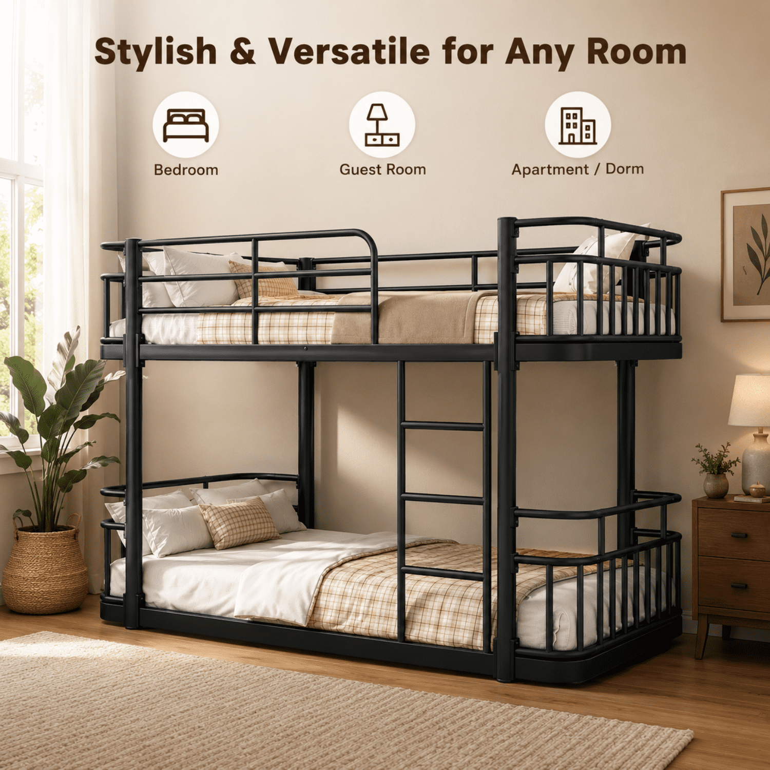 Miniyam Twin Over Twin Metal Bunk Bed with 16.5" Guardrails, Built-In Ladder and Metal Slats, Black