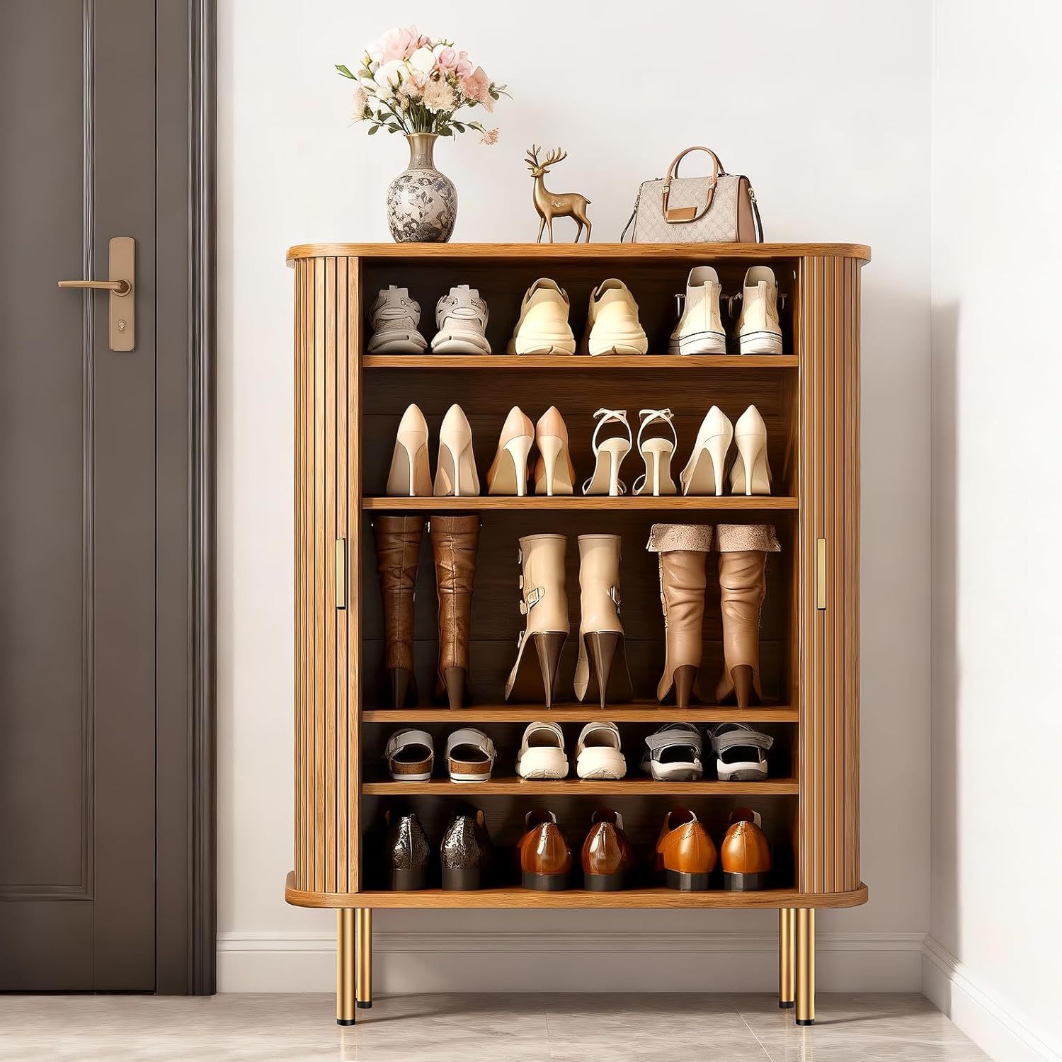 Shoe Storage Cabinet with Sliding Door, 6-Tier Shoe Cabinet with Adjustable Shelves, Mid-Century Modern Freestanding Shoe Storage Organizer for Entryway, Hallway, Living Room (Yellow)