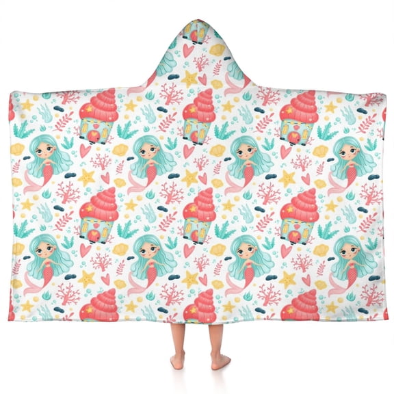 Colorful Mermaid Princess Pattern Hooded Bath Towel,50"x30" for Ages 3 To 12 Kids, Quick Dry Lightweight Soft Microfiber Hood Beach Towel Cover Up for Kids