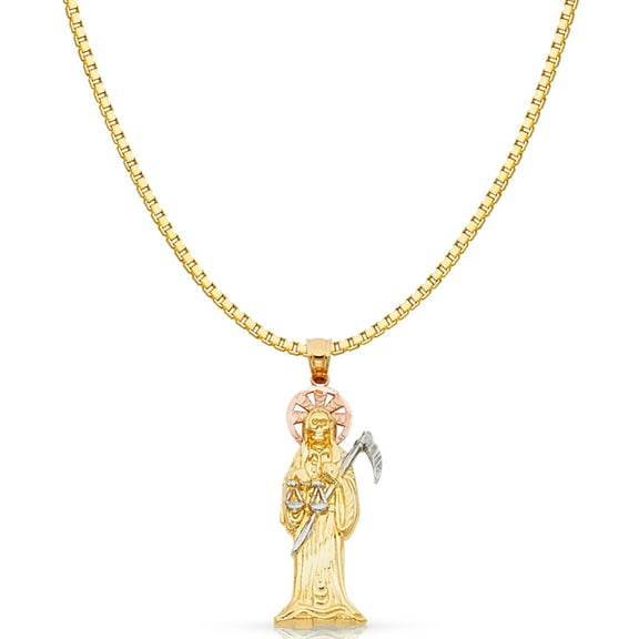 14K Tri Color Gold Grim Reaper Religious Charm Pendant with 1.2mm Box Chain Necklace