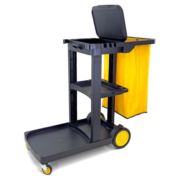 Janitorial Cart Compact | 3 Shelf Cleaning Cart | 25 Gallon Trash Bag | 450lb Capacity | Black