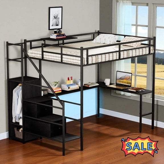 Tcbosik Full Size Loft Bed with Charging Station and LED Lights, Wardrobe and Desk, Bed Frame with Open Shelves and 2 Fabric Drawers, Safety Guardrail & Stairs, Heavy Duty Metal Slats Support, Black