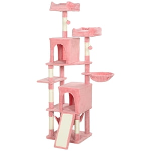 CoSoTower Cat Tree, 70" Multi-Level Cat Tower with 2 Condos, 2 Perches, Hammock, Toy Balls, Scratching Posts and Board, Pink