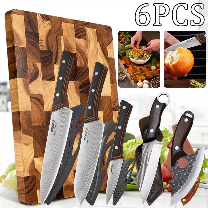 6PCS Stainless Steel Professional Utility Knife Multipurpose Knife Handmade Forged Chef Knife Kitchen Cutting Boards Set Chopping Cutting Board Household Cooking Tool Boning Knife Meat Cleaver High