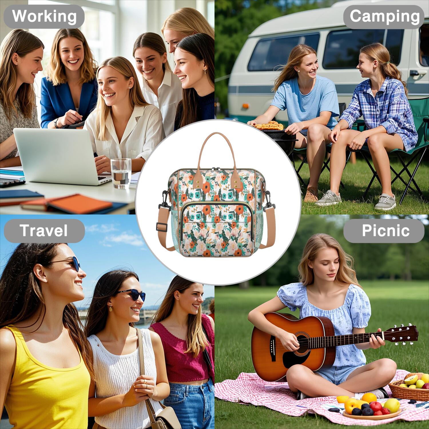 Pioneer Flower Floral Print Pattern Womens Lunch Box for Work,Insulated Large Lunch Bag for Tween and Teen,Loncheras Para Mujer,Leakproof Adult Lunch Bag for Work,Beach,Travel,Picnic,Camping