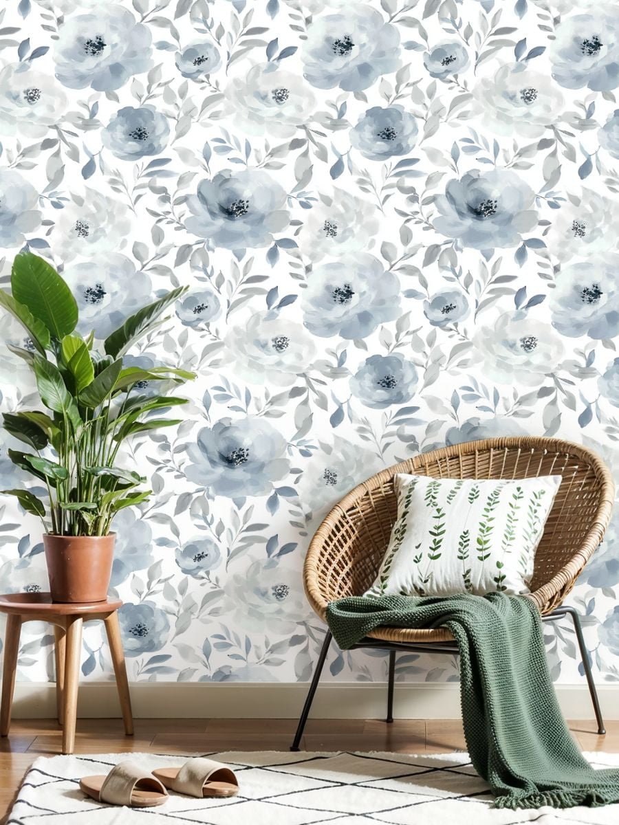 Boho Peel and Stick Wallpaper Vintage Blue Grey Floral Watercolor Leaves Contact Paper 17.7in x 9.8ft Wallpaper Removable Self Adhesive Wall Paper for Bedroom Nursery