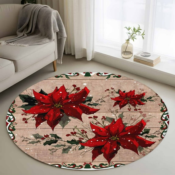 Christmas Poinsettia Round Rug 3ft Washable Circle Entryway Rugs Non Slip Winter Xmas Red Floral Botanical Wooden Area Rug Indoor Floor Carpet for Bedroom Kitchen Office Dining Room Nursery