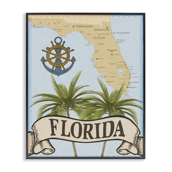 Stupell Industries Florida Map Palm Trees Black Framed Giclee Art design by Marcus Prime, 14 x 11