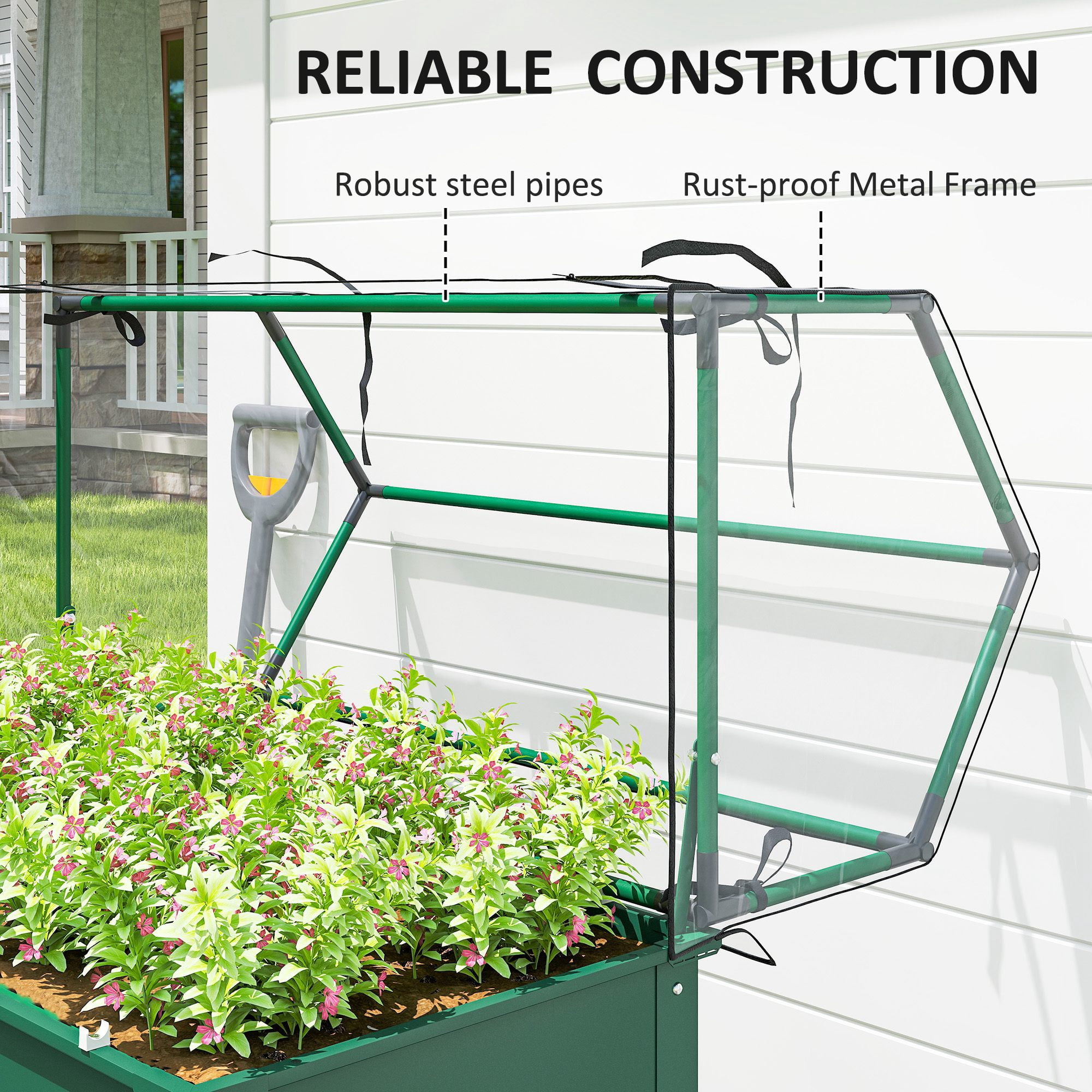 Outsunny Raised Garden Bed with Greenhouse Cover, Elevated Garden Box with Legs and Drainage Hole for Vegetables, Green