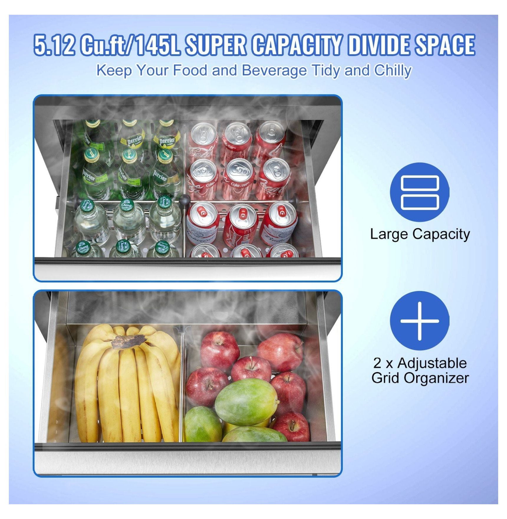 24 Inch Under Counter Refrigerator, 2 Drawer Fridge with Separate Temp, 5.12 Cu.ft. Waterproof Indoor/Outdoor Freezer for Home & Commercial Use