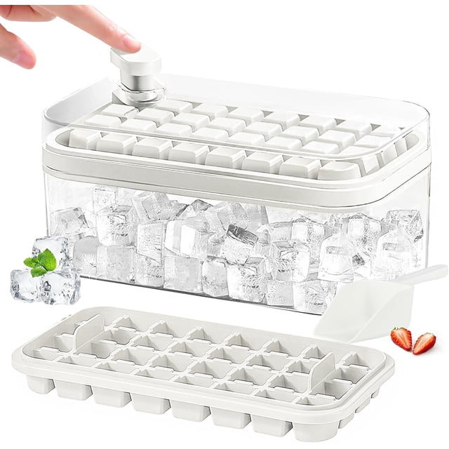 Bandeja para cubitos de hielo con tapa y contenedor de almacenamiento, 64 piezas de molde de hielo, silicona (blanco)