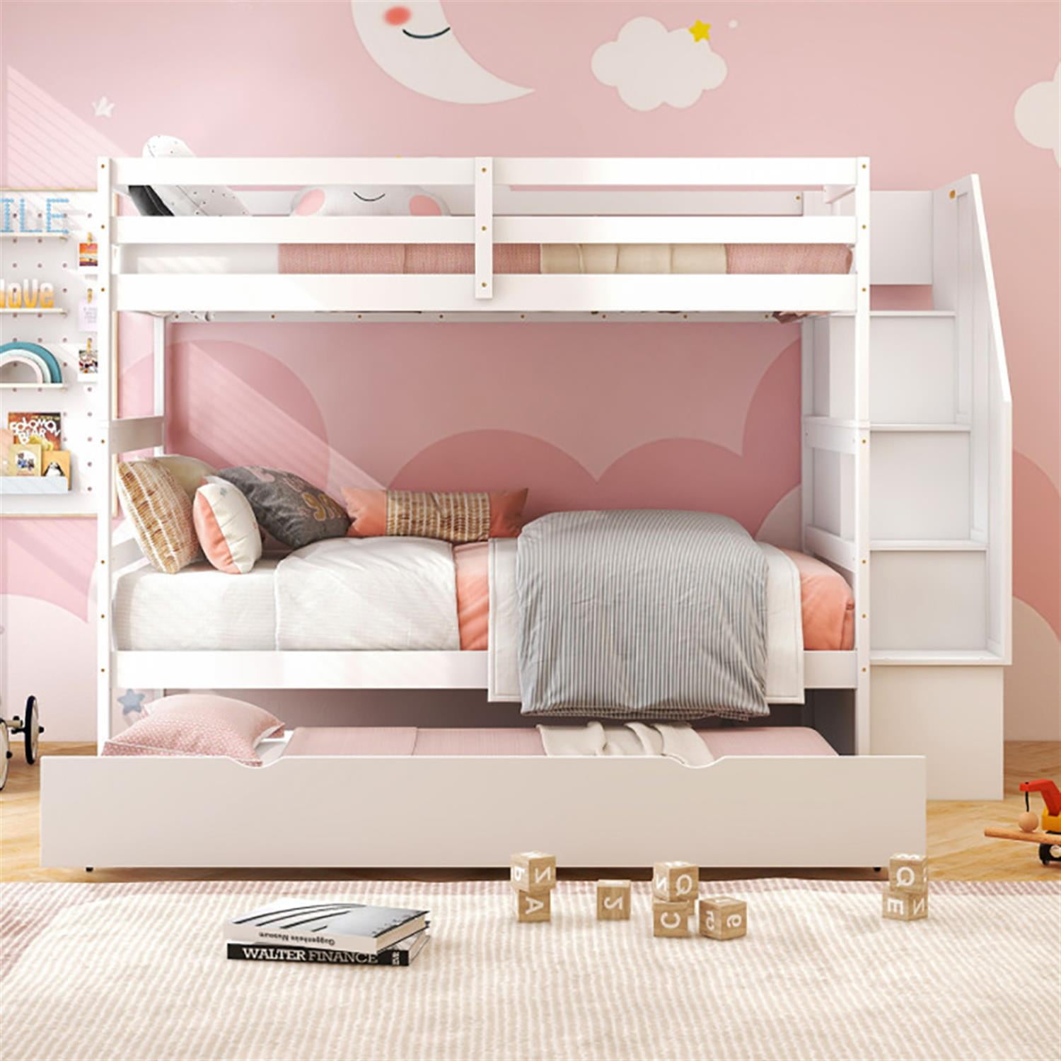 Demi Bonn Home Wood Bunk Bed with Guard Rail and 4-step Storage Stairs, Twin Bunk Beds, No Box Spring Needed, White