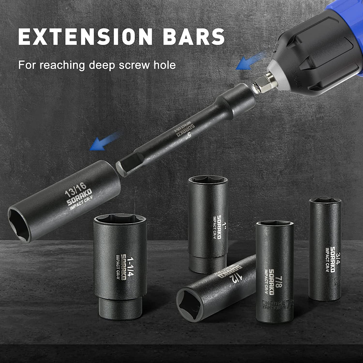 SORAKO Impact Socket Set 1/2” Drive, 16 Pcs Deep Socket Set, Include 14 PCS SAE Impact Sockets