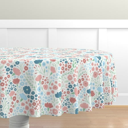 

Cotton Sateen Tablecloth 90 Round - Spring Garden Light Navy Blue Floral Mint Green Illustration Blush Ditzy Pastel Flowers Pink Baby Print Custom Table Linens by Spoonflower