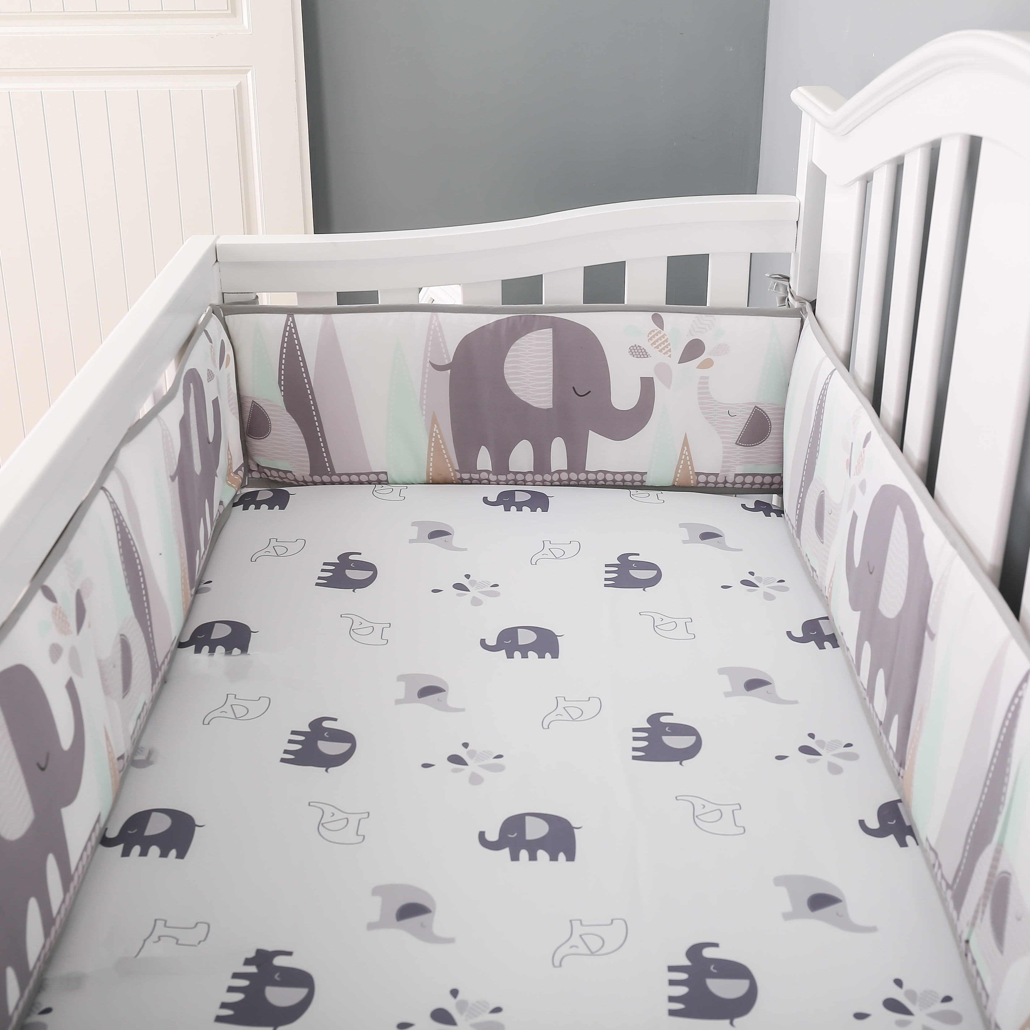 Sweet Baba Jungle Elephant Crib Bedding Sets for Baby Boys,4 PC Cot Bedding Set Including 1 Crib Skirt, 1 Quilt, 2 Crib Sheet,Grey/White Crib Set,Unisex Nursey Bedding and Neutral Decoration