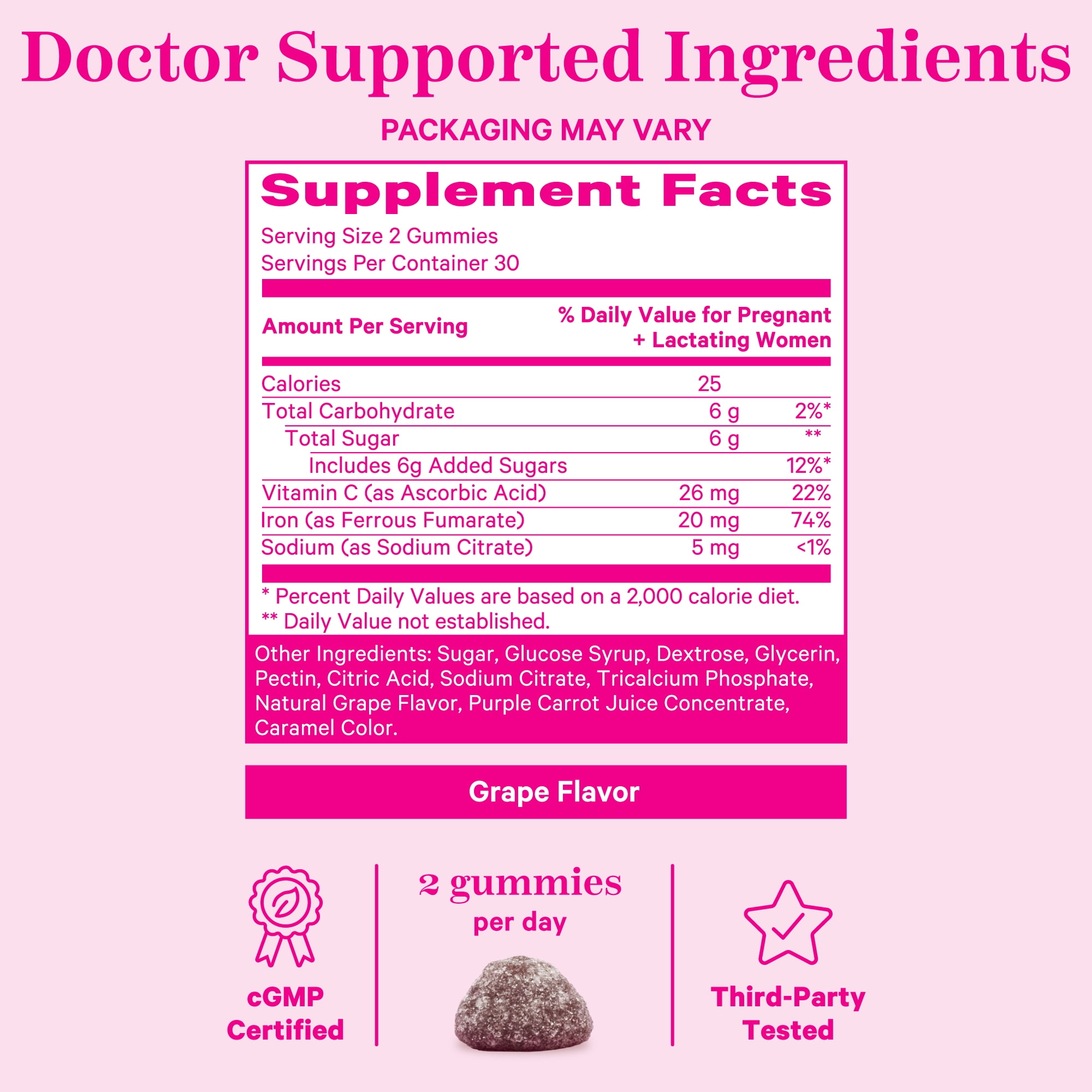 Pink Stork Prenatal Iron Gummies with Vitamin C, Grape Flavor, 60 Count